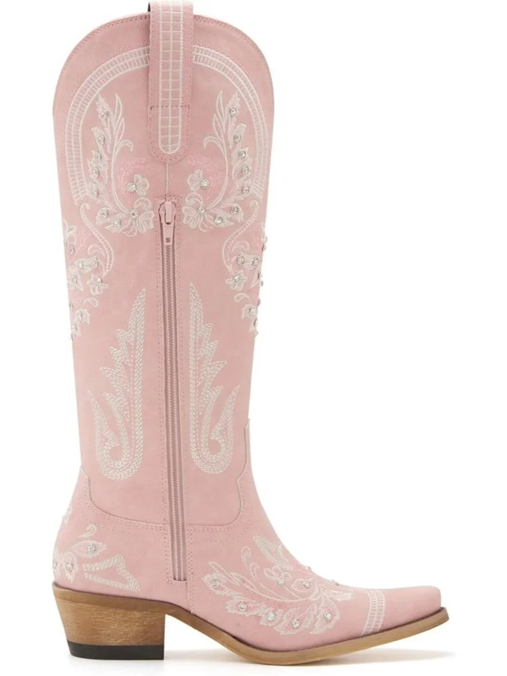Women's Pink Knee High Embroidered Rhinestones Chunky Heel Tall Boots